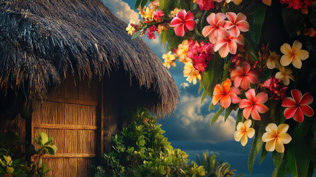 A picturesque tropical setting featuring a traditional thatched hut surrounded by vibrant flowers and lush greenery, creating a serene and inviting atmosphere.の素材