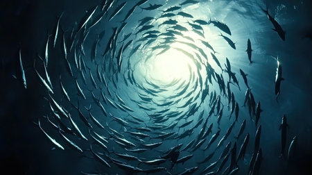 A mesmerizing view of a swirling school of fish moving gracefully through the deep blue ocean, illuminated by rays of sunlight filtering from above.の素材