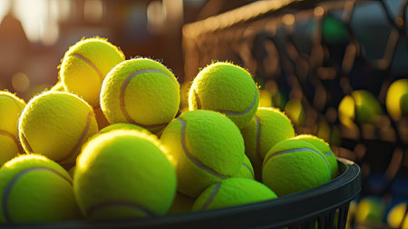 A vibrant collection of fresh yellow tennis balls rests in a basket, illuminated by warm sunlight, perfect for sports, recreation, and active lifestyle themes.の素材