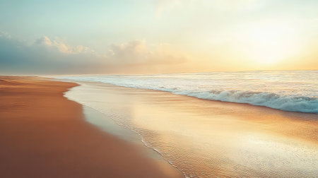 This stunning image captures a serene sunrise over a sandy beach, showcasing gentle waves lapping at the shore beneath a colorful sky.の素材