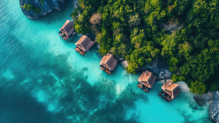 Stunning aerial view of a tropical island featuring overwater bungalows nestled among lush greenery, set against a backdrop of clear turquoise waters.の素材