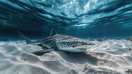 A stunning leopard shark gliding peacefully over sandy ocean floor, showcasing its unique pattern and grace in a vibrant underwater scene.の素材