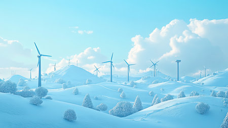 A serene winter landscape featuring wind turbines scattered across gentle snowy hills under a clear blue sky filled with fluffy white clouds.の素材