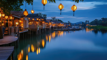 A peaceful riverside village scene at twilight featuring glowing lanterns and a tranquil water reflection. The warm ambiance creates a serene atmosphere perfect for relaxation and exploration.の素材