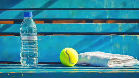 A vibrant image depicting essential tennis items, including a water bottle, tennis ball, and towel, resting on a bright blue bench. Perfect for sports and fitness themes.の素材