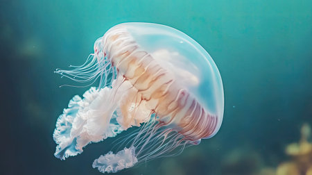 An ethereal jellyfish gracefully floats through clear ocean water, showcasing its delicate tentacles and translucent body, creating a serene underwater scene.の素材