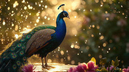 A striking peacock stands gracefully in a garden, showcasing its vibrant feathers. Sunlight sparkles around it, creating a serene and enchanting atmosphere.の素材