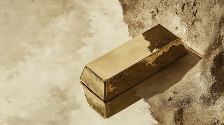 A stunning gold bar rests elegantly on a smooth, reflective surface, showcasing its shine amidst earthy tones, evoking feelings of luxury and wealth.の素材