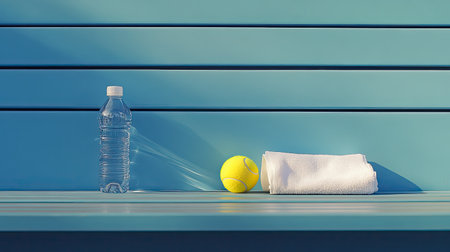This image features a water bottle, a tennis ball, and a white towel arranged neatly on a blue bench, perfect for promoting sports, fitness, and hydration.の素材