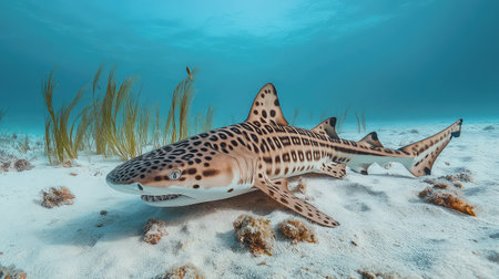 A captivating underwater scene featuring a leopard shark swimming gracefully above the sandy ocean floor, surrounded by seagrass and marine life.の素材