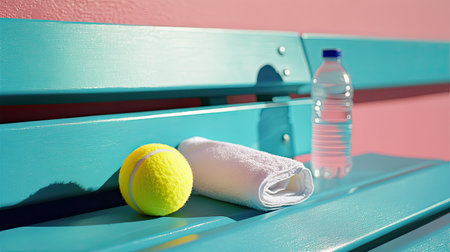 A vivid tennis court scene showcasing a bright yellow tennis ball, a fluffy white towel, and a refreshing water bottle resting on a turquoise bench.の素材