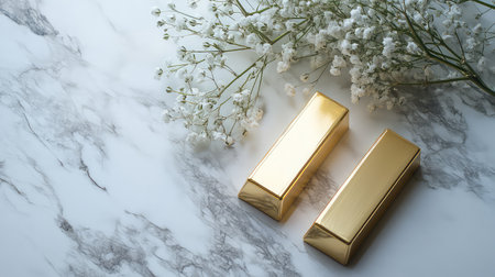 This captivating image features luxurious gold bars alongside delicate white flowers on a beautifully textured marble surface, embodying elegance and sophistication.の素材