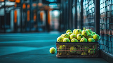 A close-up view of a basket filled with bright yellow tennis balls resting on an outdoor court. The surrounding fencing and late afternoon lighting create a vibrant atmosphere perfect for recreational play.の素材