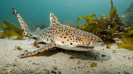 A stunning leopard shark gliding gracefully across a sandy ocean floor, surrounded by vibrant seaweed in tranquil blue waters. This captivating marine scene showcases the beauty of underwater life.の素材