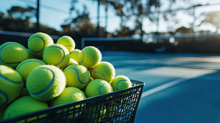 A vibrant basket filled with bright yellow tennis balls sits on a pristine tennis court, captured during a beautiful sunset. The scene evokes energy and sport.の素材