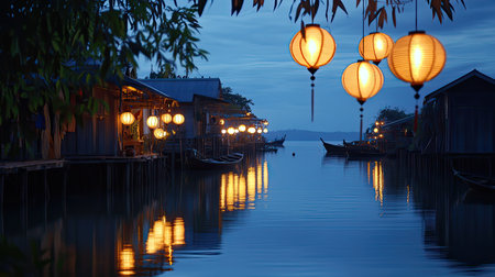 A serene evening scene captures decorative lanterns glowing above a tranquil waterway lined with traditional wooden houses, evoking a peaceful atmosphere.の素材