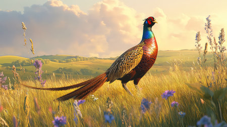 A stunning pheasant poses in a golden meadow, showcasing its vibrant colors. The serene landscape under a bright sky captures the essence of nature's beauty.の素材