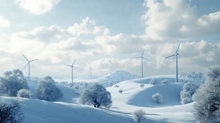 A tranquil winter landscape featuring wind turbines set against a backdrop of snow-covered hills and a cloudy sky, showcasing renewable energy in nature.の素材