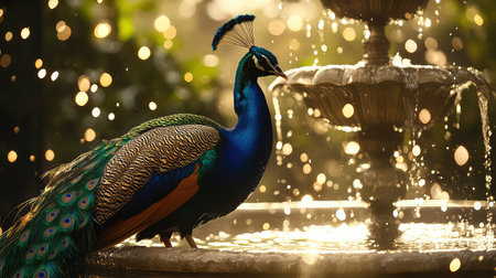 A stunning peacock perches elegantly beside a fountain, with sparkling water droplets creating a magical ambiance under soft evening light.の素材