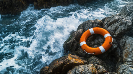 A bright orange lifebuoy rests on rugged rocks by the crashing waves, embodying safety in a serene coastal environment, highlighting nature's beauty.の素材