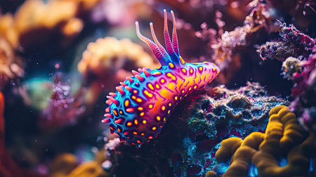 This captivating image showcases a vibrant sea slug resting on a colorful coral reef, highlighting the intricate beauty of marine life. The bright colors and unique patterns illustrate the diversity of underwater ecosystems, providing a glimpse into the fascinating world beneath the waves.の素材