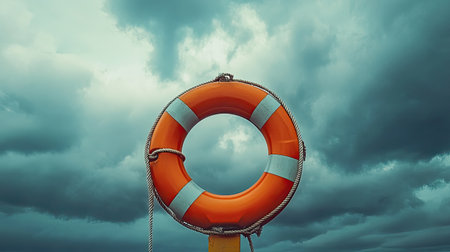 A bright orange life buoy stands against a backdrop of dark stormy clouds, symbolizing safety at sea. The image captures themes of rescue and emergency preparedness.の素材