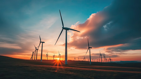 A picturesque view of wind turbines silhouetted against a colorful sunset sky over verdant hills, showcasing nature's harmony with technology in a serene landscape.の素材