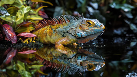 A striking iguana rests near a tranquil water body, framed by rich tropical foliage. The image captures the vibrant colors and intricate details of the reptileの素材