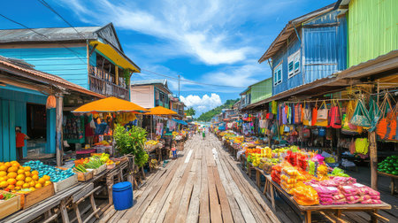 Explore a vibrant outdoor market featuring colorful stalls filled with fresh fruits and vegetables, under sunny skies and bright orange umbrellas.の素材