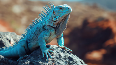 A striking blue iguana displaying vivid colors while resting on a rock, showcasing its unique features amidst a stunning natural landscape.の素材