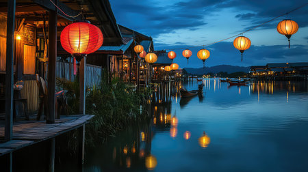 A picturesque scene capturing colorful lanterns illuminating a calm waterway at dusk, reflecting warm lights and showcasing serene ambiance and cultural charm.の素材