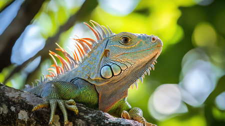 This captivating close-up photo features a vibrant iguana perched on a branch, surrounded by a beautifully blurred green background, capturing nature's beauty.の素材