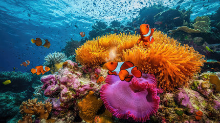 A captivating underwater scene showcasing a vibrant coral reef teeming with colorful clownfish swimming among bright anemones in crystal-clear ocean waters.の素材