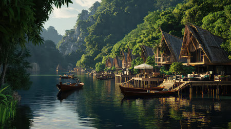 Experience a peaceful river village scene featuring wooden houses nestled among lush greenery and rocky cliffs, reflecting tranquility and nature's beauty.の素材