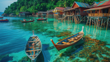A breathtaking view of a tropical village featuring colorful stilt houses over crystal clear waters surrounded by lush greenery, perfect for travel enthusiasts.の素材