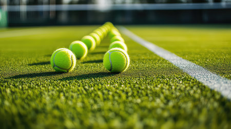 A captivating image showcasing vibrant tennis balls arranged neatly on a green court surface, highlighting the crisp white lines and surrounding nature.の素材