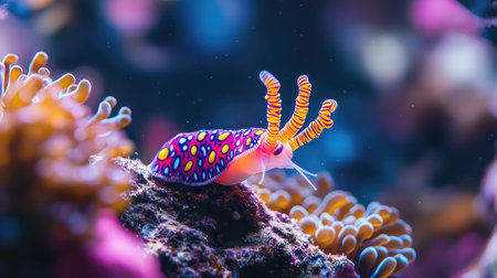 A vibrant nudibranch rests on coral in its natural habitat, showcasing colorful patterns and textures, highlighting the beauty of marine biodiversity.の素材