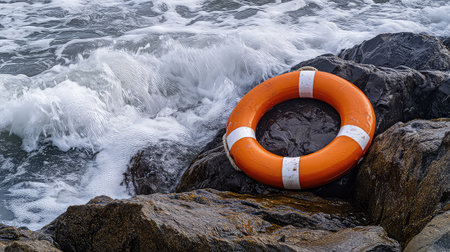 An orange lifebuoy rests on jagged rocks next to crashing ocean waves, symbolizing safety and emergency preparedness near the sea. Ideal for maritime themes.の素材
