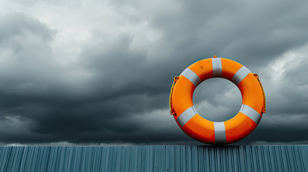 This striking image features a bright orange lifebuoy prominently positioned against dark storm clouds. It encapsulates themes of safety, urgency, and resilience in challenging natural conditions.の素材