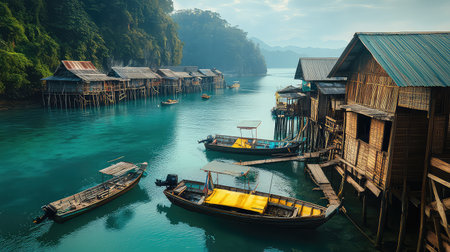 Experience the tranquility of a floating village surrounded by lush greenery and crystal-clear water, showcasing traditional wooden boats under soft sunlight.の素材