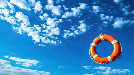 A vibrant orange life ring floats against a backdrop of a clear blue sky dotted with soft white clouds. This image conveys safety and support in outdoor adventures.の素材