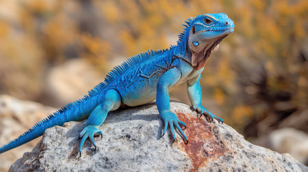 A vibrant blue lizard basks on a rock, showcasing its unique scales and striking color against a softly blurred natural background, embodying wildlife beauty.の素材