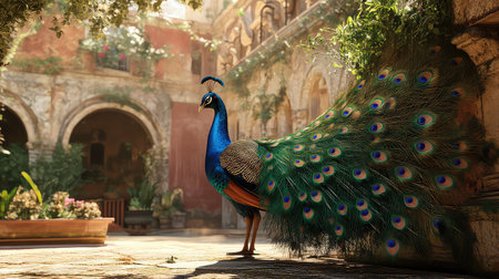 A stunning peacock stands proudly in a historic courtyard, showcasing its vibrant feathers amidst lush greenery, creating a peaceful atmosphere.の素材