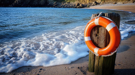 A vibrant orange lifebuoy hangs on a weathered wooden post, standing tall by the gentle waves of a tranquil beach, embodying safety and relaxation.の素材