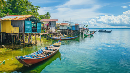 A stunning view of colorful wooden houses on stilts lining a tranquil coastal waterway, with fishing boats gently bobbing in the serene blue waters.の素材