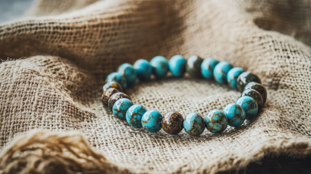 A close-up view of a handcrafted turquoise bracelet resting on soft, natural fabric. The vibrant beads showcase intricate designs, perfect for any fashion enthusiast.の素材