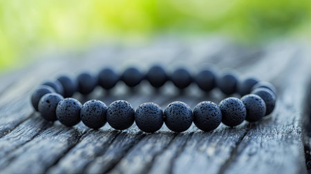 A beautiful lava rock bracelet resting on a weathered wood surface, with a soft green background, exuding elegance and simplicity in jewelry design.の素材