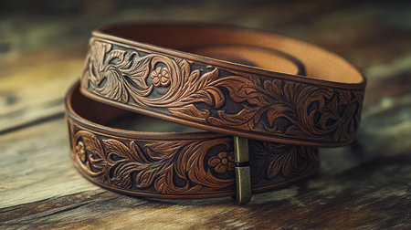 This image showcases a beautifully crafted leather belt featuring intricate floral carvings. Set against a rustic wooden background, it highlights the artistry and quality of handmade leather goods.の素材