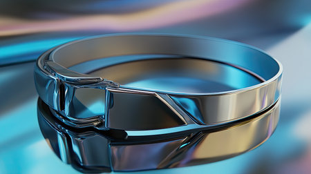 A beautifully polished silver bracelet featuring a striking geometric design, elegantly placed against a shiny reflective surface, showcasing modern style and luxury.の素材