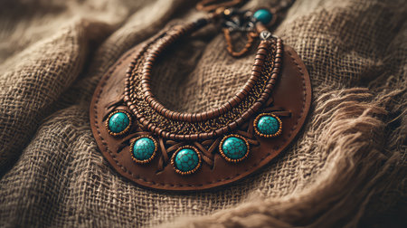 This stunning bohemian necklace features vibrant turquoise stones set against a rich, textured fabric background, perfectly capturing artistic elegance.の素材